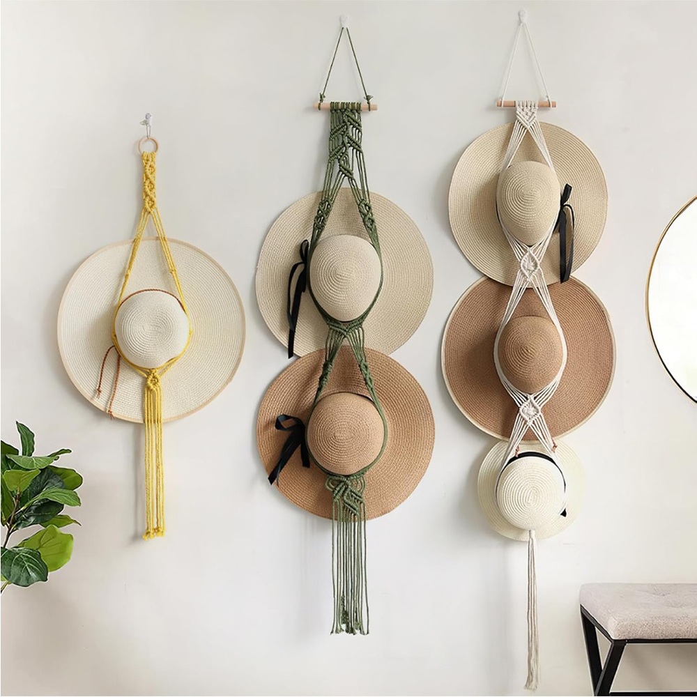 Macrame hanging hat organizers